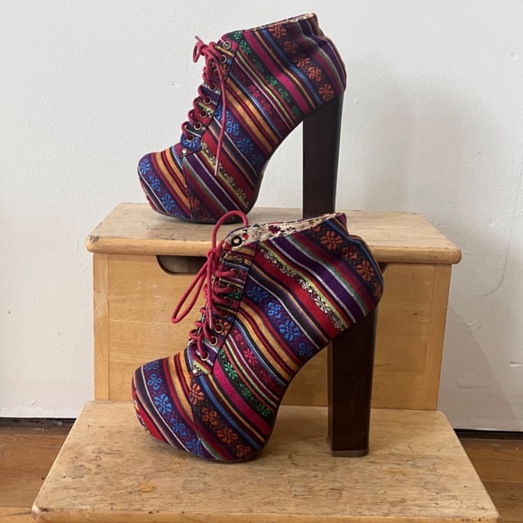 Multicolored textile platform heeled booties - Picture 8 of 8
